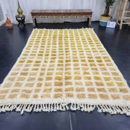 Custom Beniourain Rug, Moroccan Handmade Rug, Sheep Wool Tribal Grid Berber Area Orange & Cream Rug - thumbnail 4