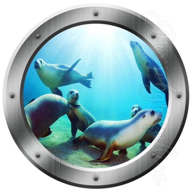 Sea Lion Porthole View Wall Decal 3D Window Mural Art Peel & Stick Portal Po18