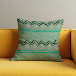 Tribal Geometric Cushion Cover, Sage Green & Teal Pattern Pillow Case, Boho Throw Ethnic & Rustic Home Decor - thumbnail 2