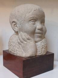 Young Boy, Sculpture in Limestone, On Mahogany Base