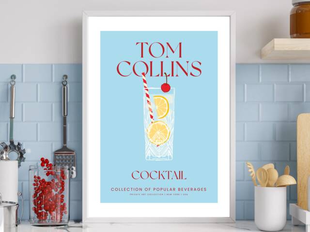 Tom Collins Cocktail Art Print Poster - Party Signature Drink Sign Trendy Wall Decor Minimalist Elegant Retro Gift A5 A4 A3 - image 1