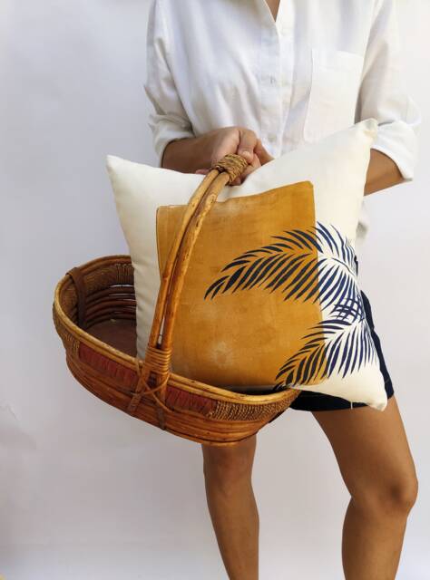 Tropical Palm Leaf Pillow Cover Mediterranean Coastal Print, Handcrafted Cotton Fabric - 40x40cm, Summer Home Accent - image 1