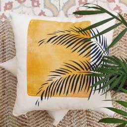 Tropical Palm Leaf Pillow Cover Mediterranean Coastal Print, Handcrafted Cotton Fabric - 40x40cm, Summer Home Accent - thumbnail 3