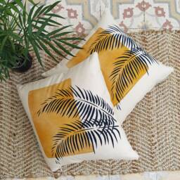 Tropical Palm Leaf Pillow Cover Mediterranean Coastal Print, Handcrafted Cotton Fabric - 40x40cm, Summer Home Accent - thumbnail 2