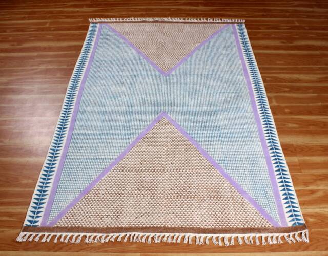 Blue Cotton Rug, Hand Block Printed Kilim Style - image 1