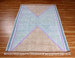 Blue Cotton Rug, Hand Block Printed Kilim Style