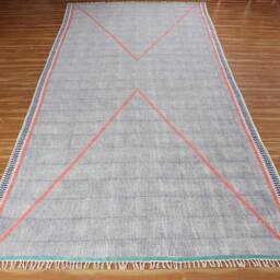 Blue Cotton Rug, Hand Block Printed Kilim Style - thumbnail 3
