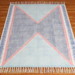 Blue Cotton Rug, Hand Block Printed Kilim Style - thumbnail 2