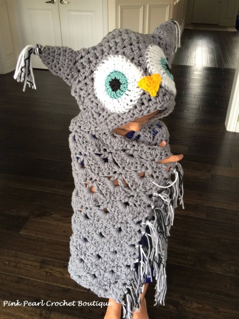 Hooded Owl Blanket - Gift Idea For Girls Christmas From Grandma Handmade Kids Crochet Wrap - image 1