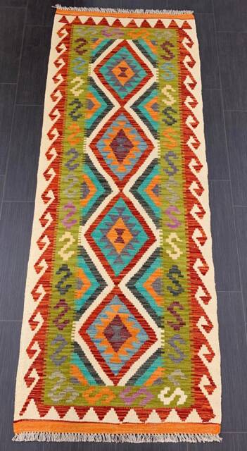 Tribal Kilim Runner, Handmade Artisan Afghan Turkish Aztec Sheep Wool Runner Rug 200x74 cm - image 1
