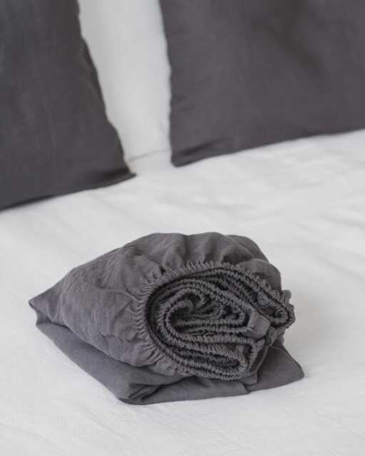 Charcoal Gray Linen Fitted Sheet - Dark Bedding Queen King Deep Pocket Bed Soft Stonewashed Thermoregulating European - image 1