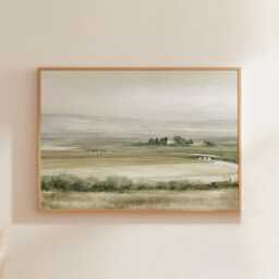 Farmhouse Landscape Poster, Neutral Countryside Wall Art, Rural Print - thumbnail 1