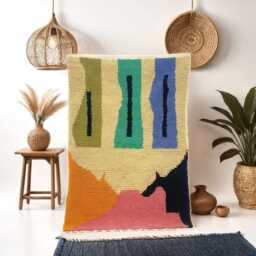 Handwoven Berber Wool Rug Orange, Pink, Green Bohemian Decor - thumbnail 1