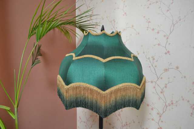 Green Silk Lampshade Scallop Dome With Ombre Fringe, Gold Trim - image 1