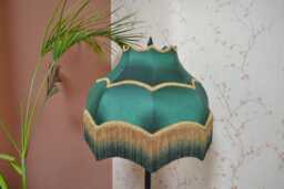 Green Silk Lampshade Scallop Dome With Ombre Fringe, Gold Trim