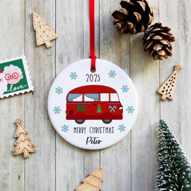 Personalised Camper Van Christmas Tree Ornament - Handmade Ceramic Decoration, Custom Travel Gift - image 1