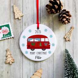 Personalised Camper Van Christmas Tree Ornament - Handmade Ceramic Decoration, Custom Travel Gift - thumbnail 1