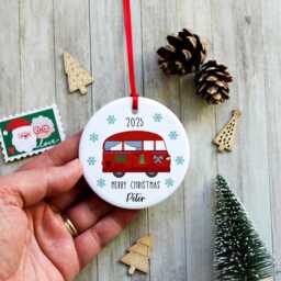 Personalised Camper Van Christmas Tree Ornament - Handmade Ceramic Decoration, Custom Travel Gift - thumbnail 2