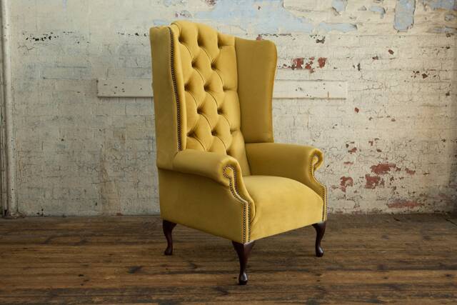 Mustard Velvet Chesterfield High Back Wing Chair, British Handmade - image 1