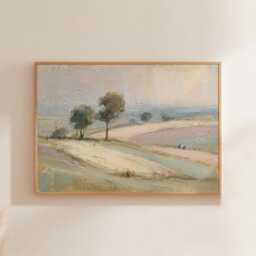 Pastel Field Poster, Soft Countryside Wall Art, Landscape Painting - thumbnail 1