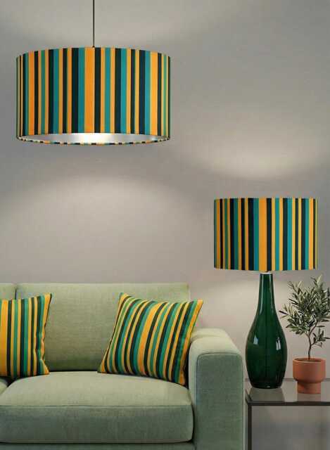 Handmade By Order Vertical Stripped Mustard Teal Black Colour Strip Velvet Drum Lamp Shade & Pendant Light All Shapes Size - image 1
