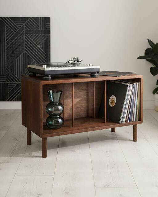 Claremont -- Solid Oak Record Player Stand Walnut Stained Vinyl Storage Cabinet - image 1