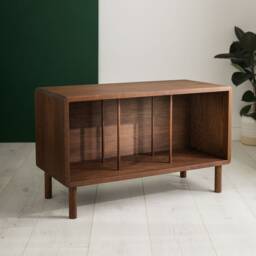 Claremont -- Solid Oak Record Player Stand Walnut Stained Vinyl Storage Cabinet - thumbnail 2