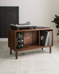 Claremont -- Solid Oak Record Player Stand Walnut Stained Vinyl Storage Cabinet