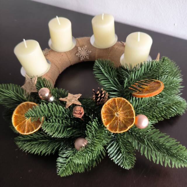Advent Candle, Adventkranz, Christmas Decoration, Table Centerpiece, Green Artificial Brunches, Oranges - image 1