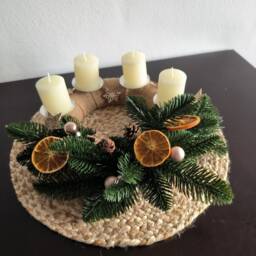Advent Candle, Adventkranz, Christmas Decoration, Table Centerpiece, Green Artificial Brunches, Oranges - thumbnail 4