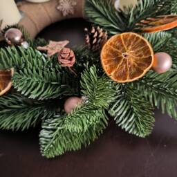 Advent Candle, Adventkranz, Christmas Decoration, Table Centerpiece, Green Artificial Brunches, Oranges - thumbnail 2