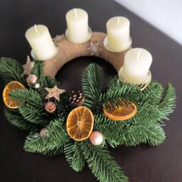 Advent Candle, Adventkranz, Christmas Decoration, Table Centerpiece, Green Artificial Brunches, Oranges - thumbnail 3