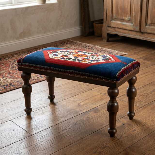 Ottoman Bench, Vintage Upholstered Stool, Bedroom Kilim Rug Ottoman - image 1