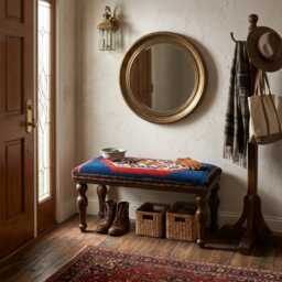 Ottoman Bench, Vintage Upholstered Stool, Bedroom Kilim Rug Ottoman - thumbnail 2
