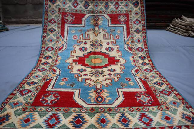 3'5x4'8 Ft Kazak Area Rug - Blue Caucasian Afghan Hand Knotted Veg Dyes Wool Geometric Bedroom Office Carpet, Oriental Boho - image 1