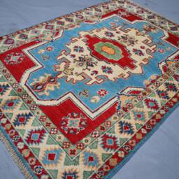 3'5x4'8 Ft Kazak Area Rug - Blue Caucasian Afghan Hand Knotted Veg Dyes Wool Geometric Bedroom Office Carpet, Oriental Boho - thumbnail 2
