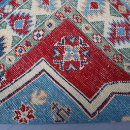 3'5x4'8 Ft Kazak Area Rug - Blue Caucasian Afghan Hand Knotted Veg Dyes Wool Geometric Bedroom Office Carpet, Oriental Boho - thumbnail 4