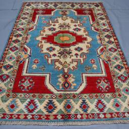 3'5x4'8 Ft Kazak Area Rug - Blue Caucasian Afghan Hand Knotted Veg Dyes Wool Geometric Bedroom Office Carpet, Oriental Boho - thumbnail 3