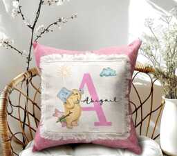 Personalised Pooh Bear Linen Pillow Optional Pink Or Blue Design , Stylish Nursery Room Cushion - thumbnail 1
