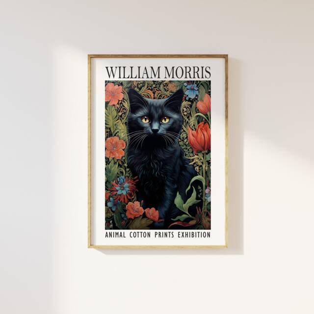 William Morris Style Black Cat Print Floral Animal Exhibition - image 1