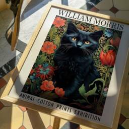 William Morris Style Black Cat Print Floral Animal Exhibition - thumbnail 2
