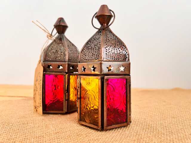 Handmade Moroccan Style Bohemian Lantern Pink & Yellow Glass Copper Metal With Star Design Perfect Hippie Home T Light Holder Fair Trade - image 1