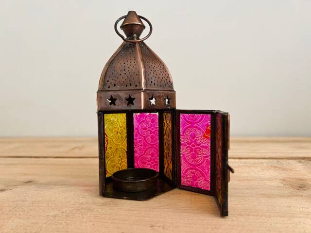 Handmade Moroccan Style Bohemian Lantern Pink & Yellow Glass Copper Metal With Star Design Perfect Hippie Home T Light Holder Fair Trade - image 1