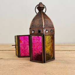 Handmade Moroccan Style Bohemian Lantern Pink & Yellow Glass Copper Metal With Star Design Perfect Hippie Home T Light Holder Fair Trade - thumbnail 2