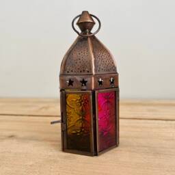 Handmade Moroccan Style Bohemian Lantern Pink & Yellow Glass Copper Metal With Star Design Perfect Hippie Home T Light Holder Fair Trade - thumbnail 3