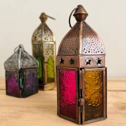 Handmade Moroccan Style Bohemian Lantern Pink & Yellow Glass Copper Metal With Star Design Perfect Hippie Home T Light Holder Fair Trade - thumbnail 4