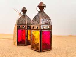 Handmade Moroccan Style Bohemian Lantern Pink & Yellow Glass Copper Metal With Star Design Perfect Hippie Home T Light Holder Fair Trade