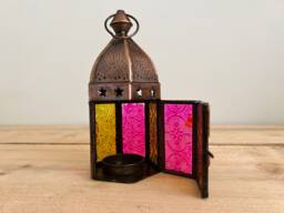 Handmade Moroccan Style Bohemian Lantern Pink & Yellow Glass Copper Metal With Star Design Perfect Hippie Home T Light Holder Fair Trade - thumbnail 1