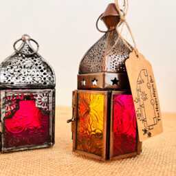 Handmade Moroccan Style Bohemian Lantern Pink & Yellow Glass Copper Metal With Star Design Perfect Hippie Home T Light Holder Fair Trade - thumbnail 4