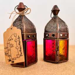 Handmade Moroccan Style Bohemian Lantern Pink & Yellow Glass Copper Metal With Star Design Perfect Hippie Home T Light Holder Fair Trade - thumbnail 2
